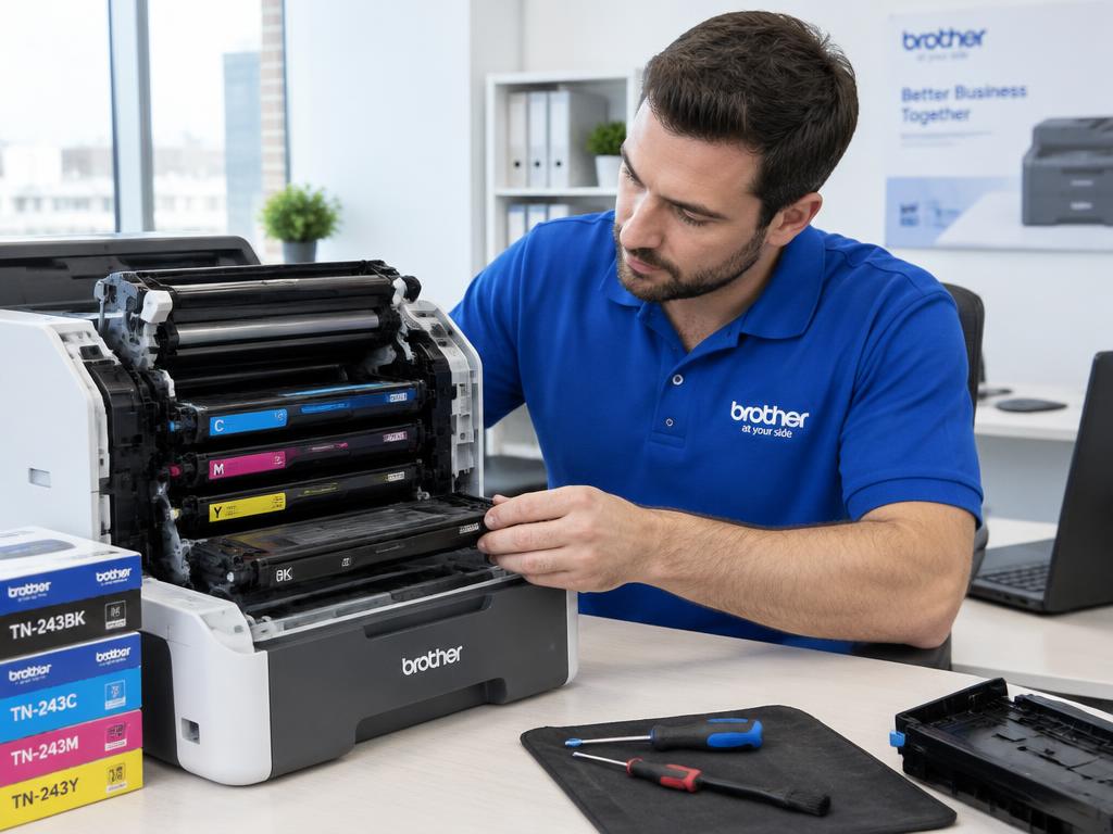 Technician replacing toner in a Brother printer